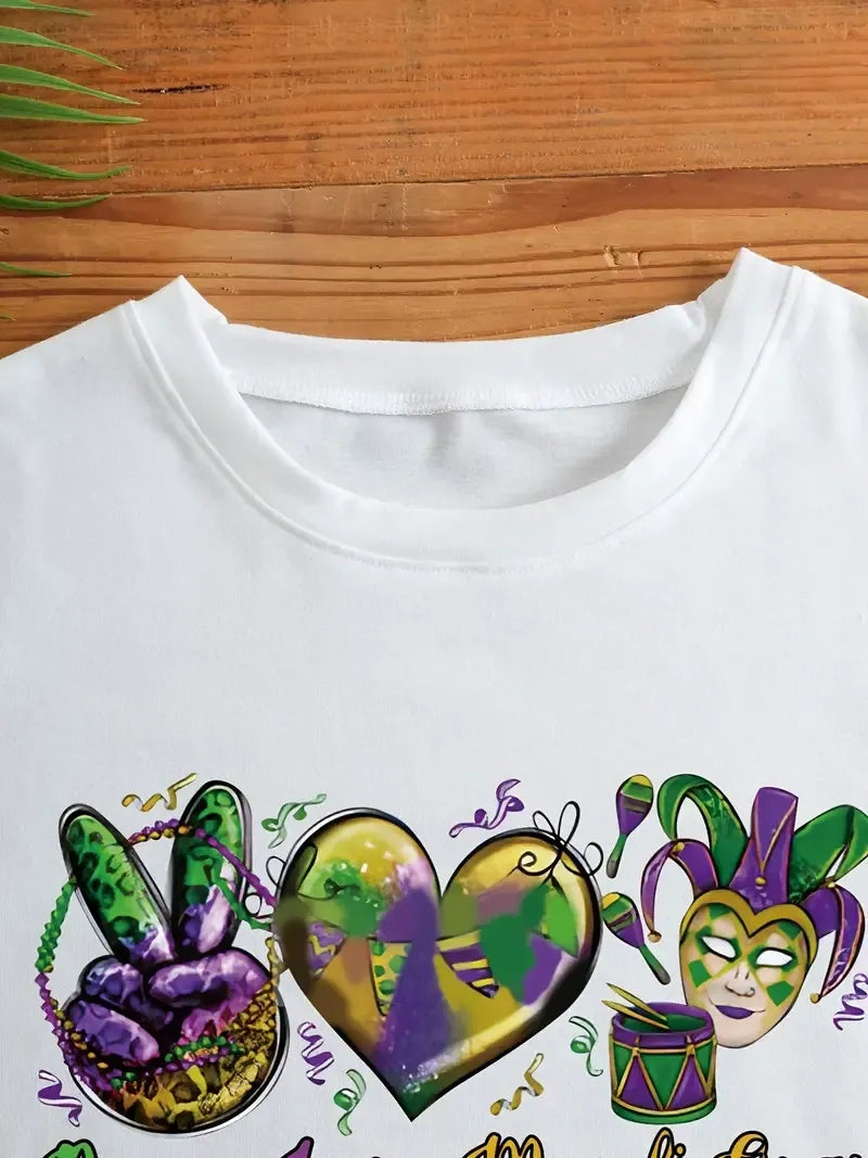 Women's "Peace, Love, Mardi Gras" White Short Sleeve T-Shirt