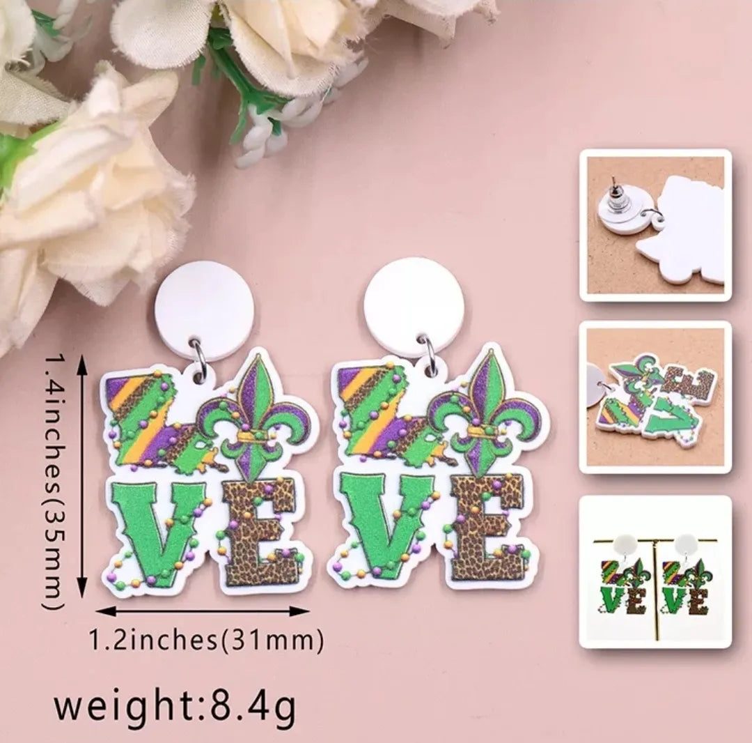 Mardi Gras Love Dangle Stud Earrings