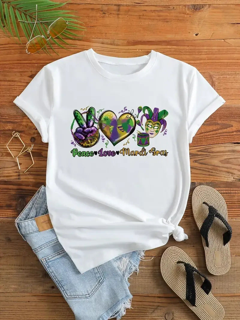 Women's "Peace, Love, Mardi Gras" White Short Sleeve T-Shirt