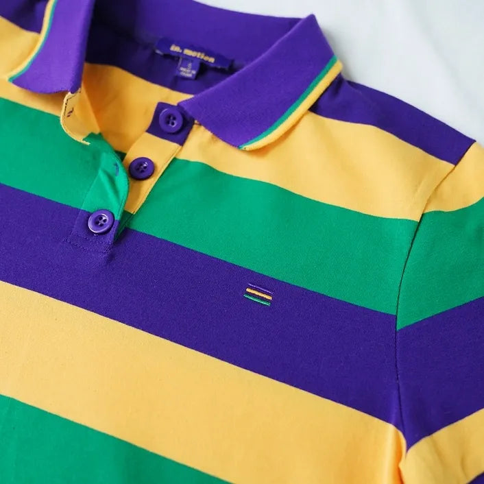 Women's Mardi Gras Striped Short Sleeve Rugby Polo