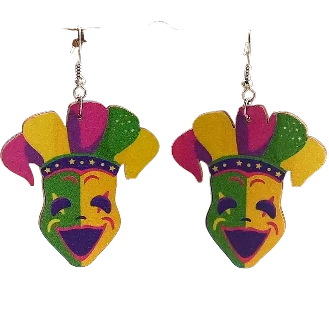 Mardi Gras Clown Lightweight Wooden Earrings