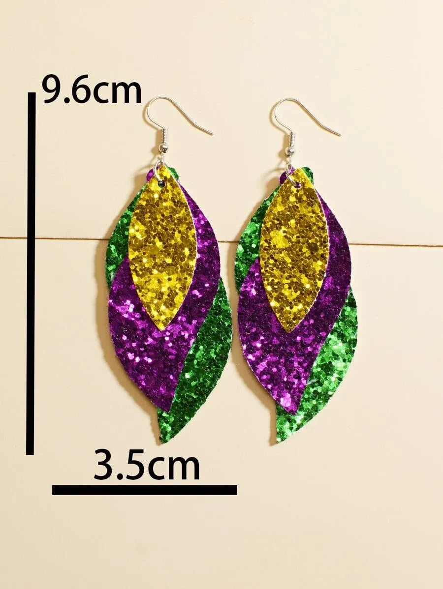 Mardi Gras Purple Carnival Leaf Glitter Earrings