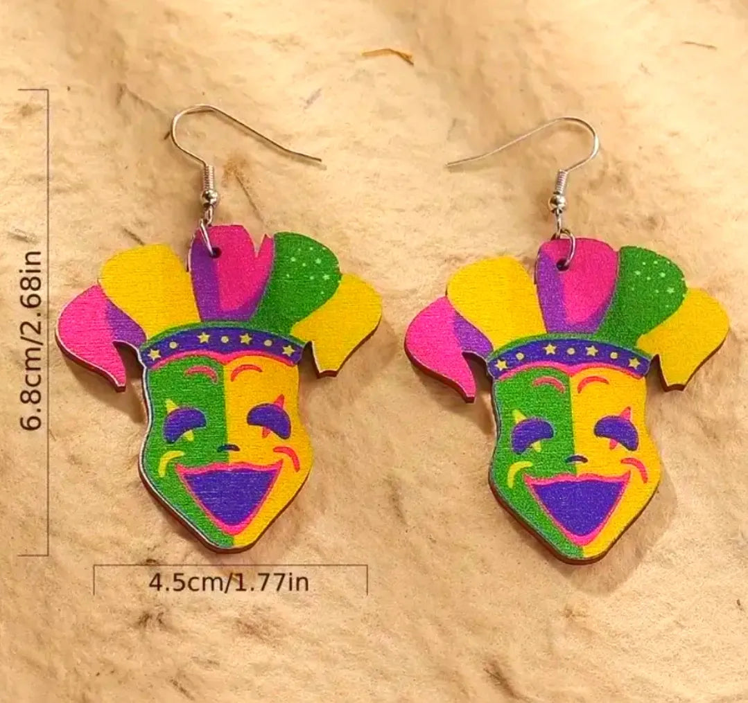 Mardi Gras Clown Lightweight Wooden Earrings