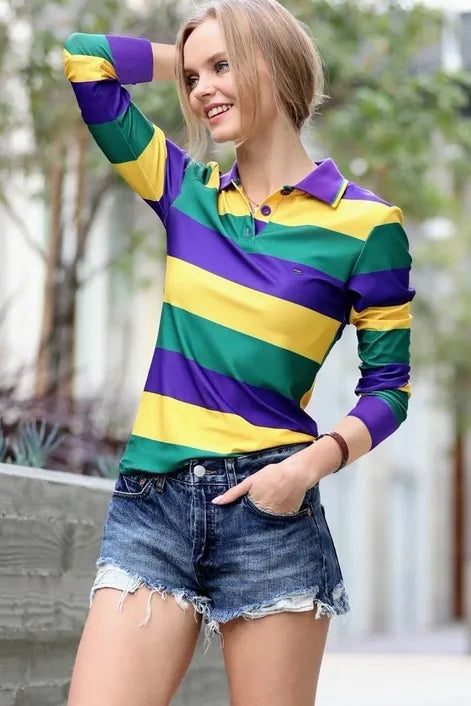 Women's Mardi Gras Striped Long Sleeve Rugby Polo – The Who