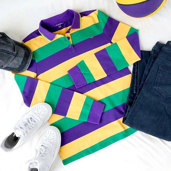 Women's Mardi Gras Striped Long Sleeve Rugby Polo