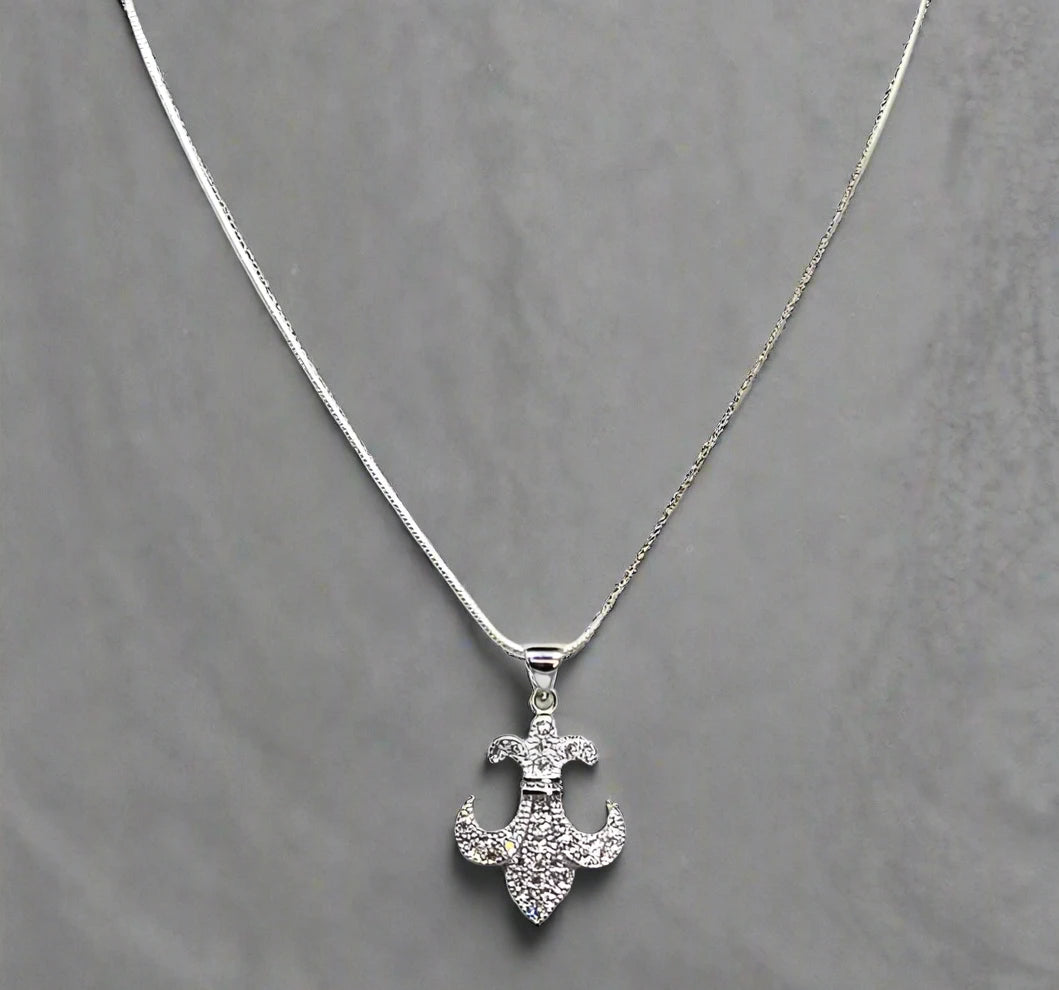 Women's Silver Fleur Rhinestone De Lis Fashion Pendant Necklace