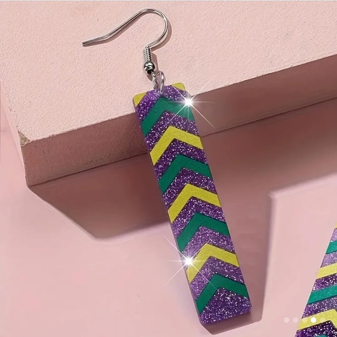 Mardi Gras Tri-Colored Glitter Dangle Earrings