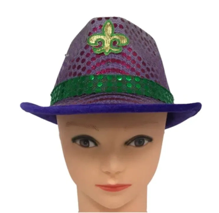 Purple and Green LED Sequin Fleur De Lis Fedora Hat