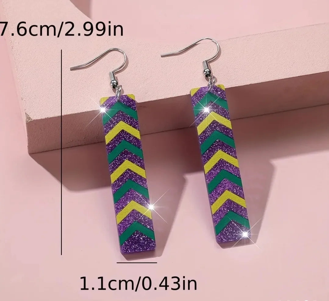 Mardi Gras Tri-Colored Glitter Dangle Earrings