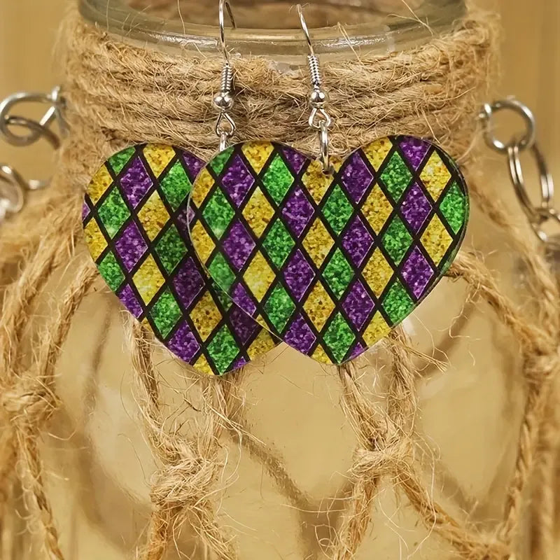 Mardi Gras Glitter Hearts Dangle Earrings