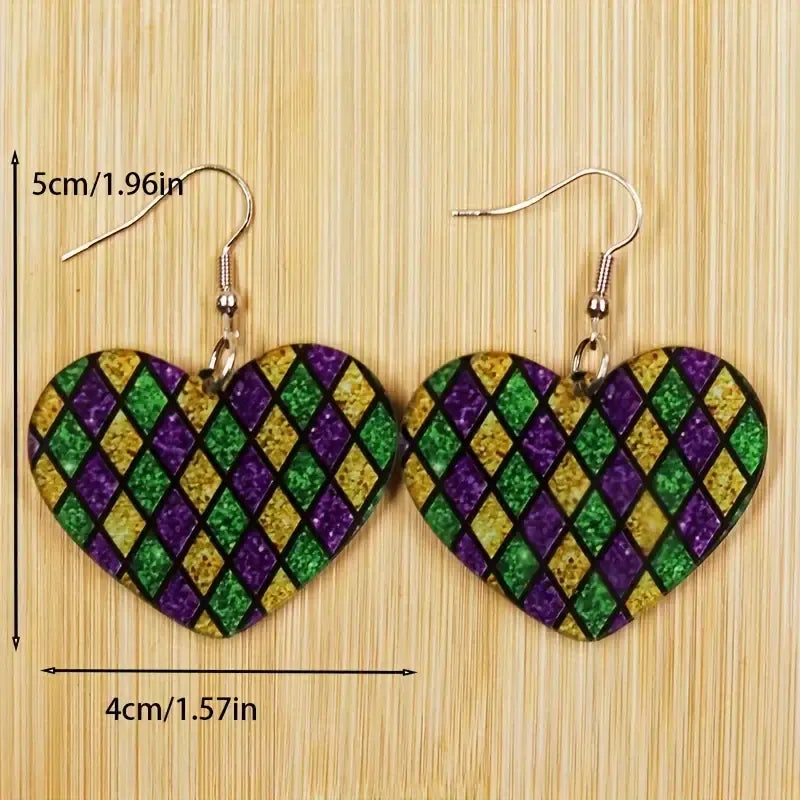 Mardi Gras Glitter Hearts Dangle Earrings