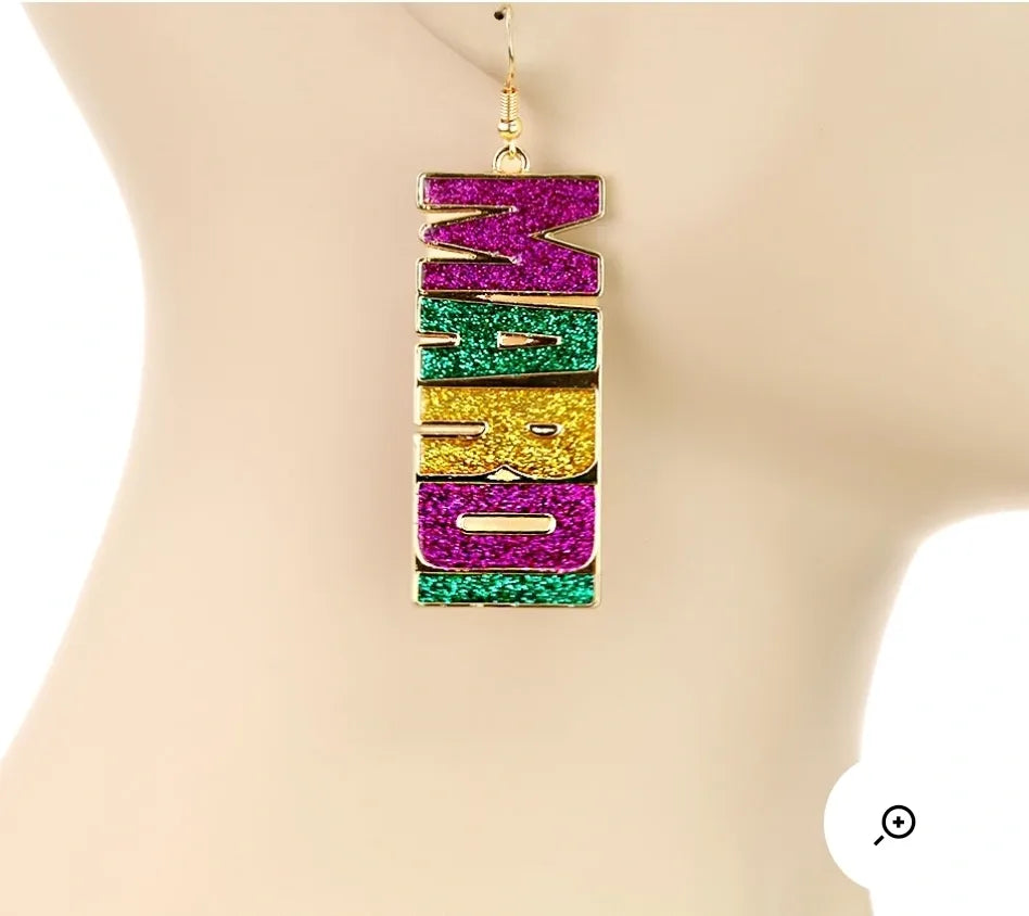 Mardi Gras "Glittering Colors" Lettering Dangle Earrings