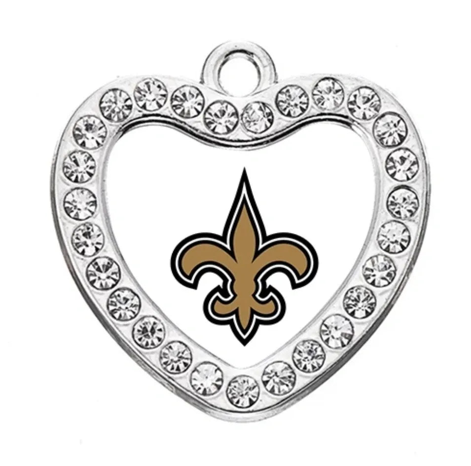 New Orleans Women's Saints White & Gold Rhinestone Silver Heart Charm Necklace