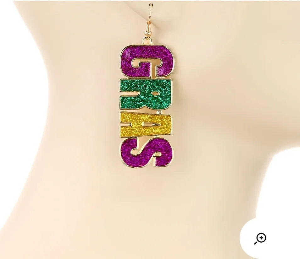 Mardi Gras "Glittering Colors" Lettering Dangle Earrings