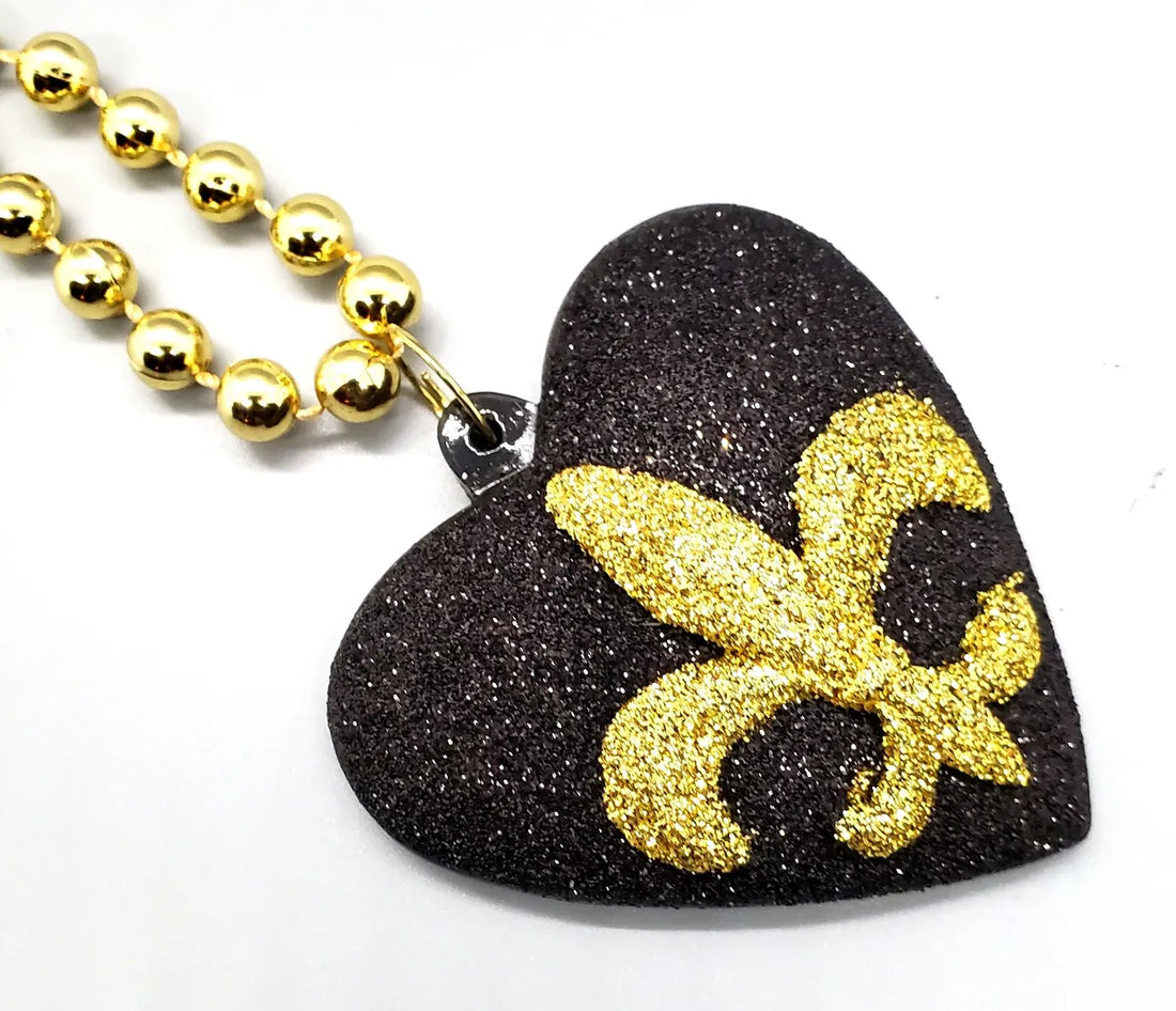 Black & Gold Glitter Fleur De Lis Heart Beaded Necklace