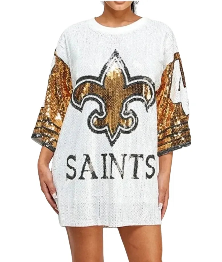 New Orleans Saints "Kamara" White & Gold Sequin Jersey Party Dress