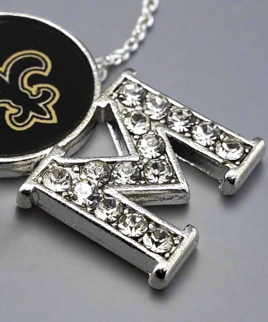 New Orleans Saints Women's "Mom" Silver Rhinestone Necklace