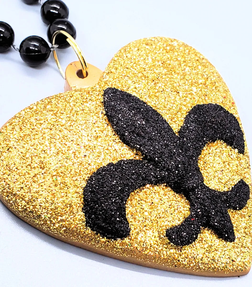 Gold & Black Glitter Fleur De Lis Heart Beaded Necklace