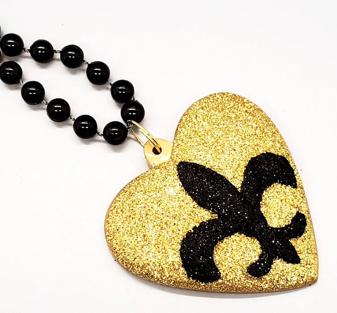 Gold & Black Glitter Fleur De Lis Heart Beaded Necklace