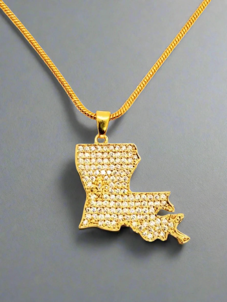 Iced Out Gold Louisiana State Rhinestone Pendant Necklace