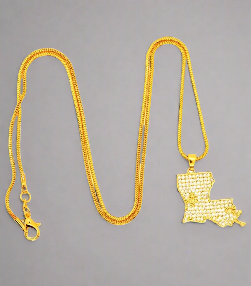 Iced Out Gold Louisiana State Rhinestone Pendant Necklace