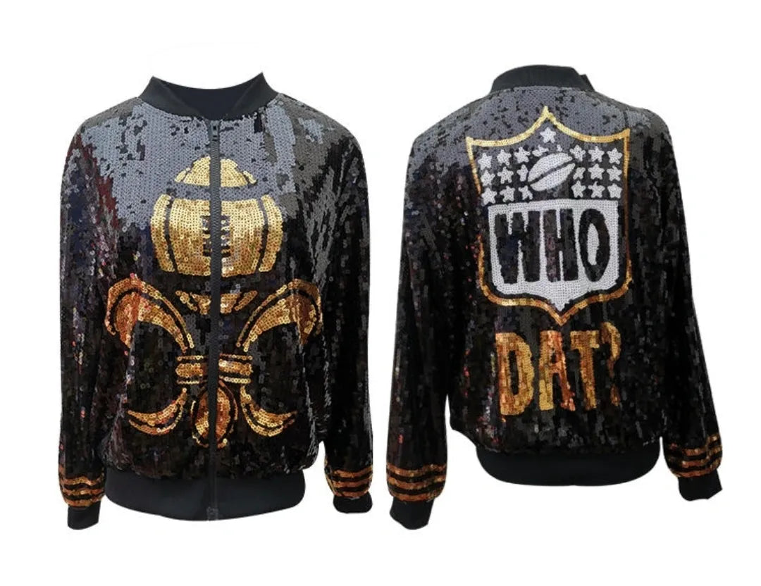 Women's Black & Gold "WHO DAT" Sequin Bomber Jacket