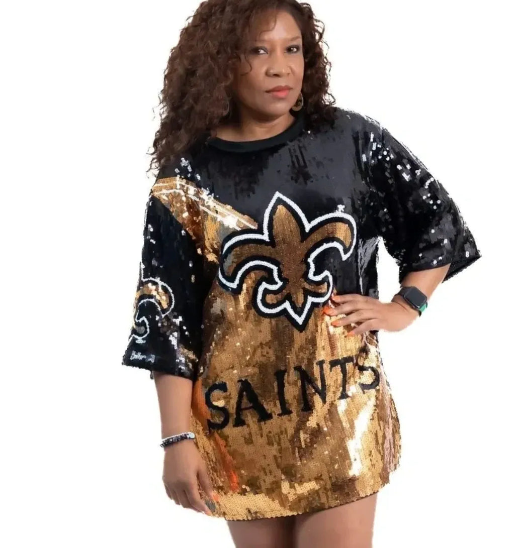New Orleans Saints Women s Golden Split Sequin Jersey Dress The Who Dat Store