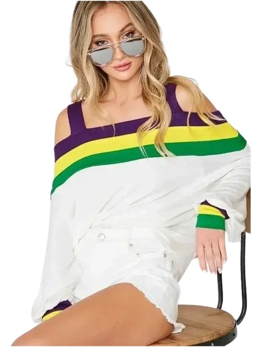 Mardi Gras Blocked Knit Cold Shoulder Top