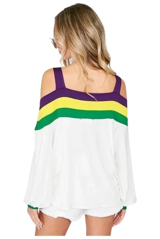 Mardi Gras Blocked Knit Cold Shoulder Top