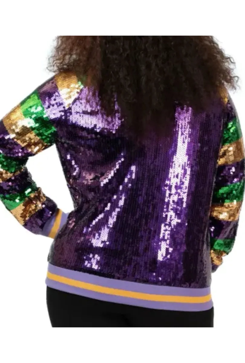 Mardi Gras "Stripped Sleeves" Purple Sequin Bomber Jacket