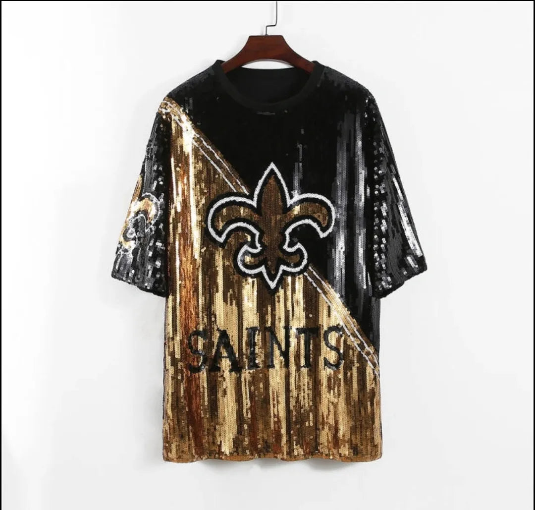 New Orleans Saints Women s Golden Split Sequin Jersey Dress The Who Dat Store