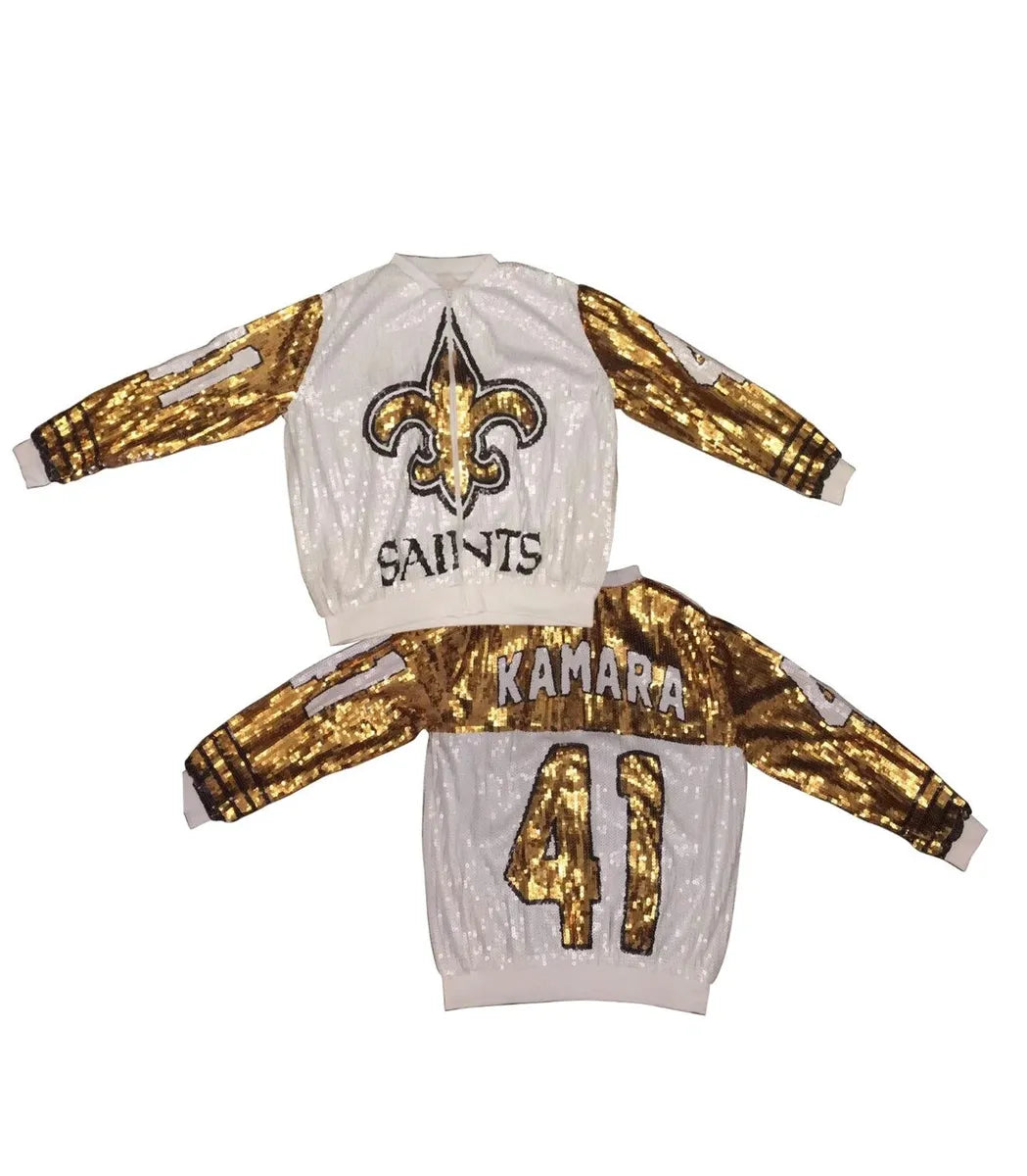 New Orleans Saints White and Gold "Kamara” Sequin Bomber Jacket