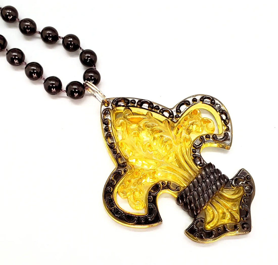 Black and Gold Transparent Fleur De Lis Beaded Necklace