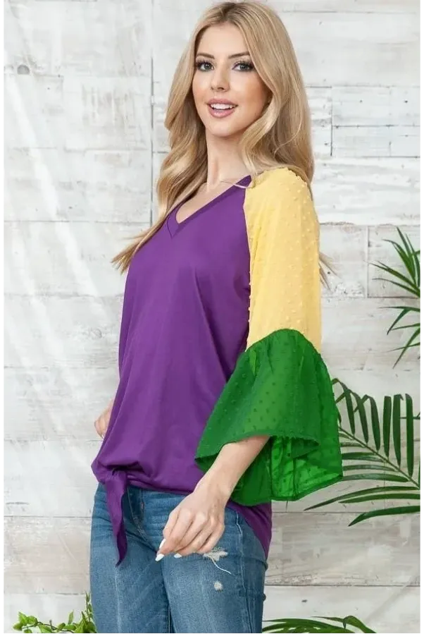 Mardi Gras Color Block Bell Sleeve Front Tie Top