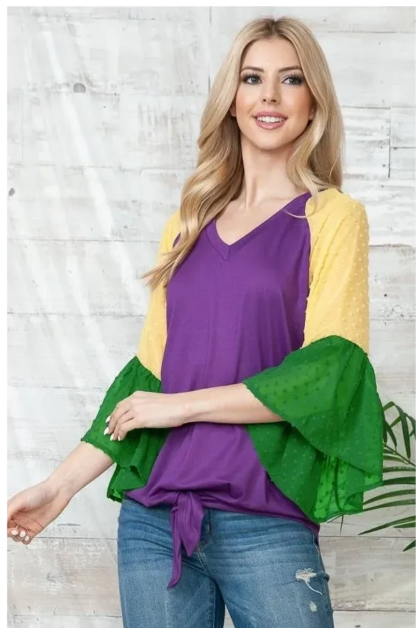 Mardi Gras Color Block Bell Sleeve Front Tie Top