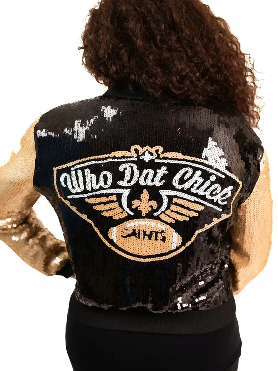 Who Dat Chick Black & Gold Sequin Bomber Jacket – www.thewhodatstore.com