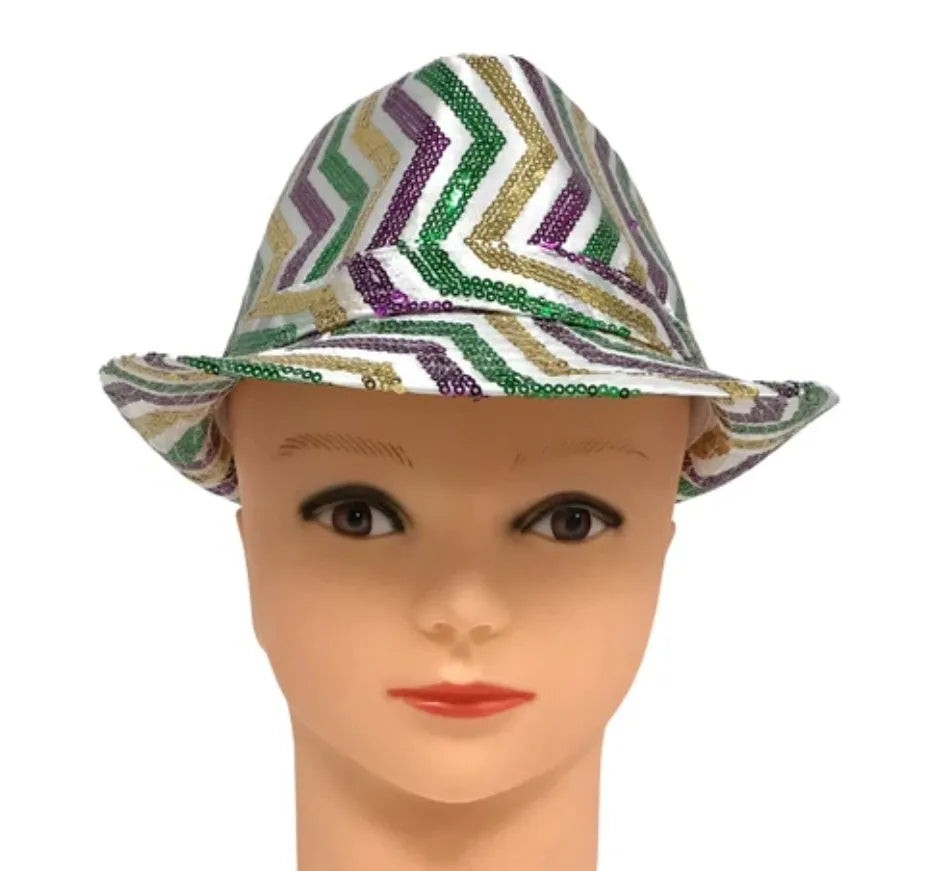 Mardi Gras Multi-Colored Stripped Sequin Fedora Hat