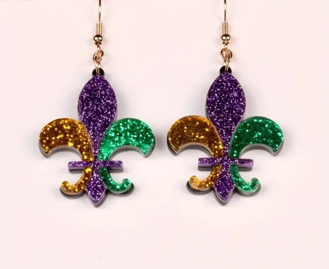 Mardi Gras Fleur De Lis Glitter Dangle Earrings