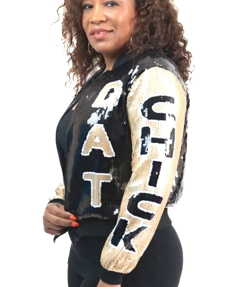 Who Dat Chick Black & Gold Sequin Bomber Jacket – www.thewhodatstore.com