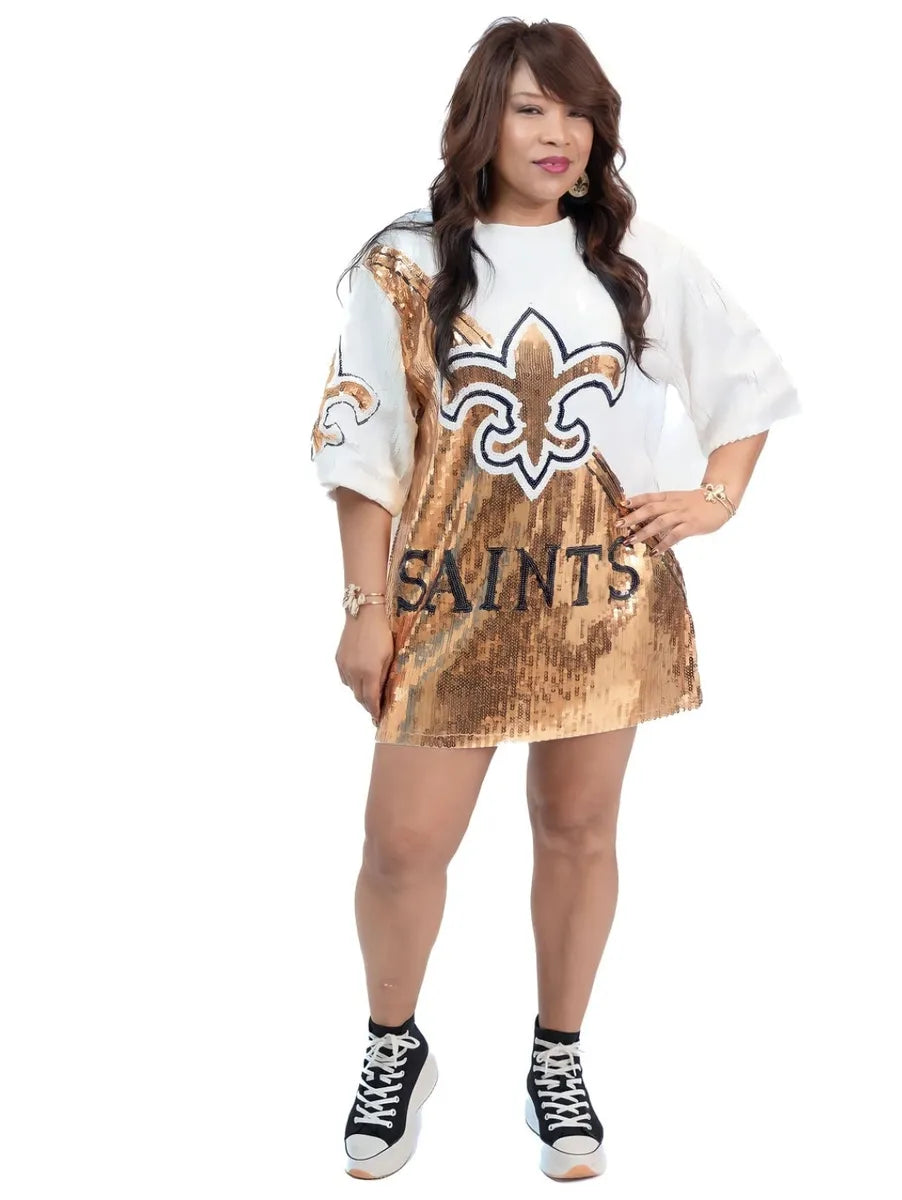 New Orleans Saints White & Gold Sequin Party Dress