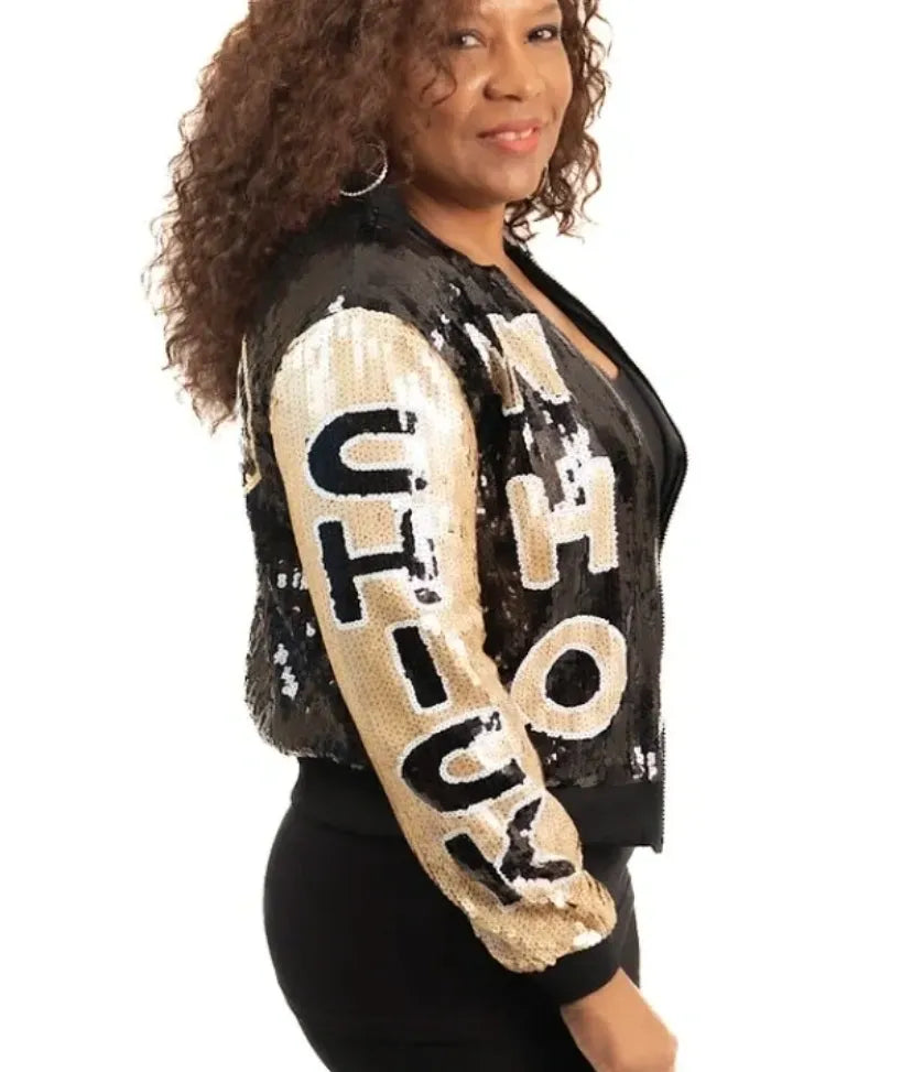 Who Dat Chick Black & Gold Sequin Bomber Jacket – www.thewhodatstore.com