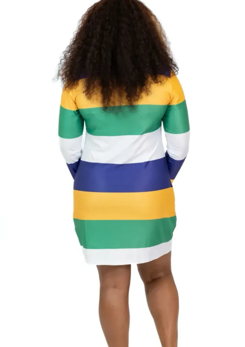 Mardi Gras "Stripped Elegance" Long Sleeve Causal Dress