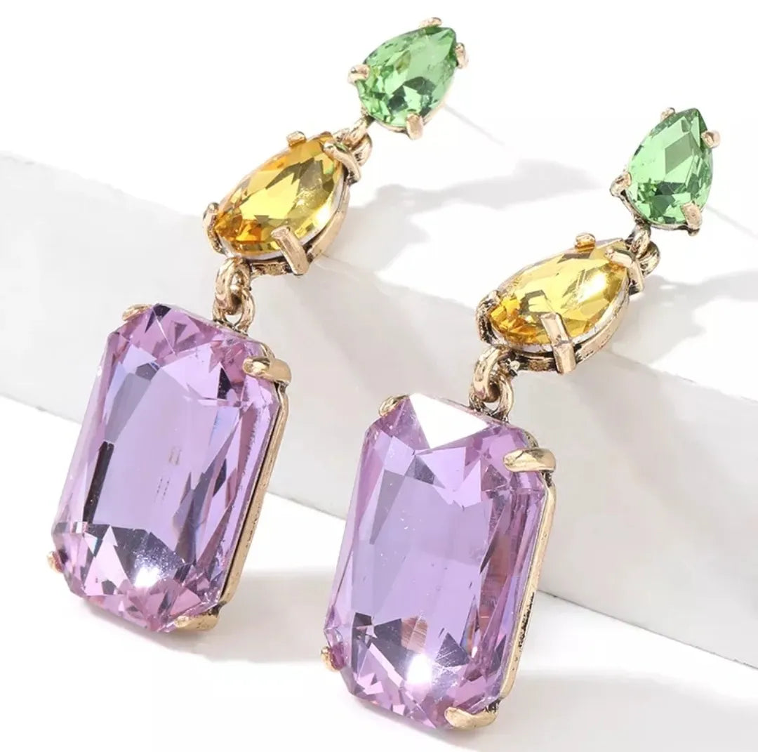 Mardi Gras 3 Tier Multi-Colored Rhinestone Earrings