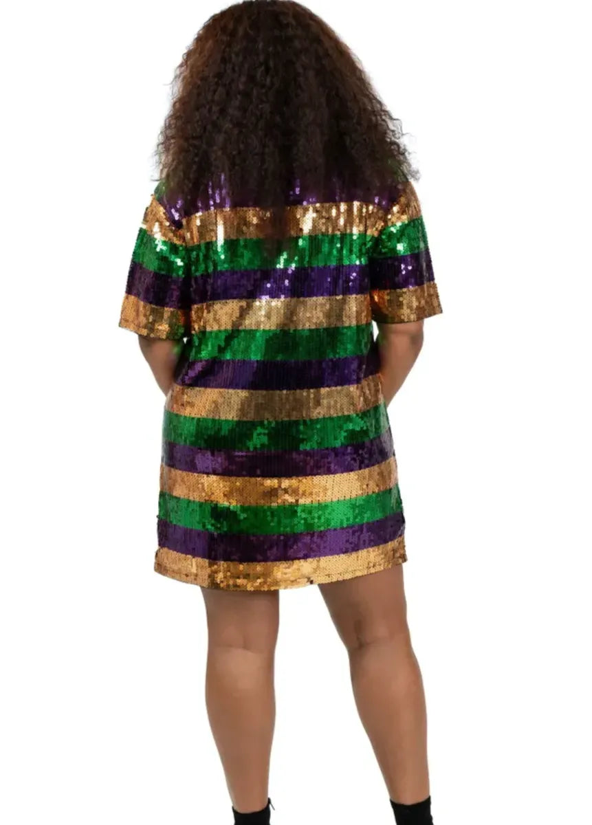 Mardi Gras "Queen of Mardi" Stripped Sequin Dress