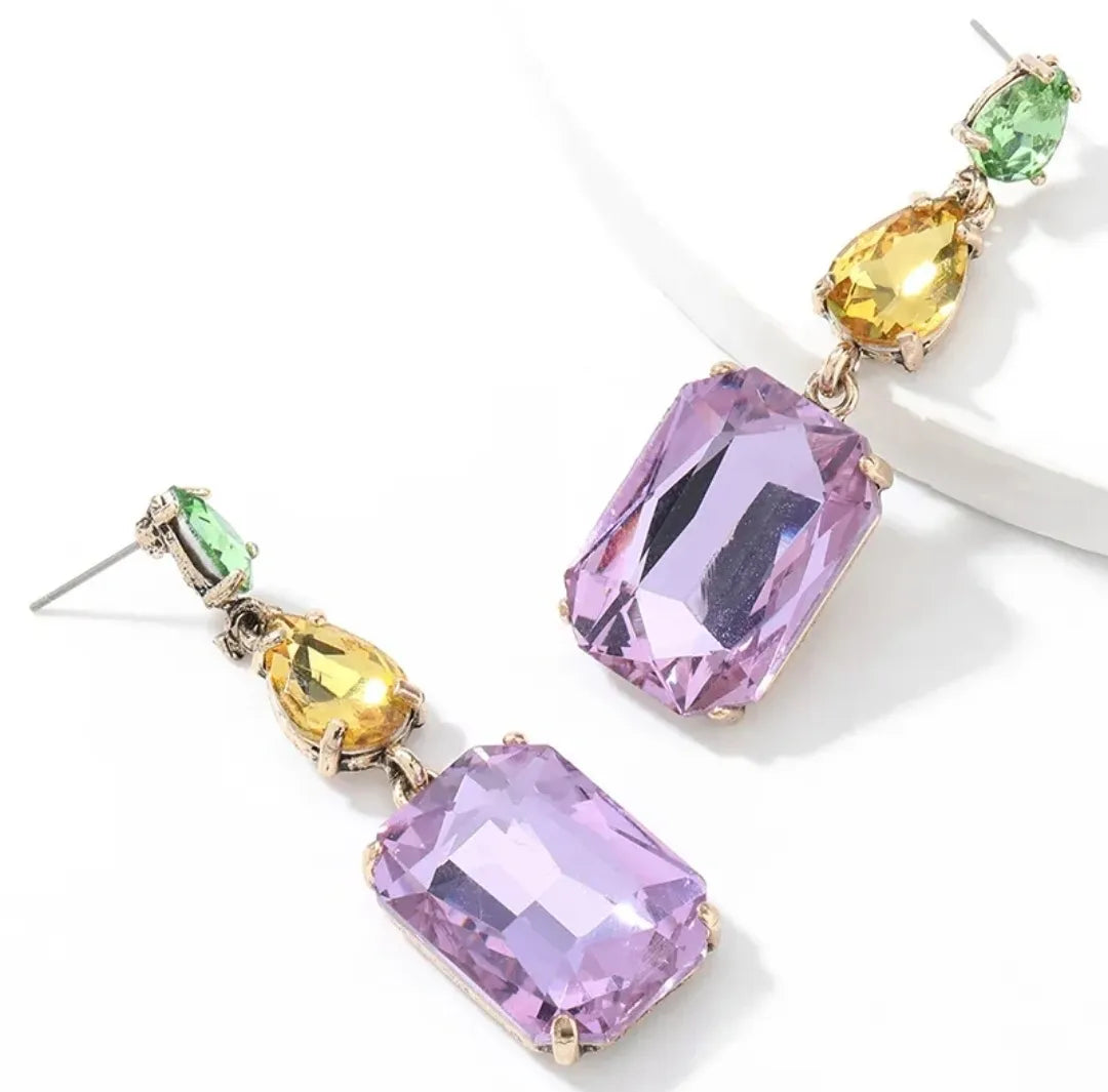 Mardi Gras 3 Tier Multi-Colored Rhinestone Earrings