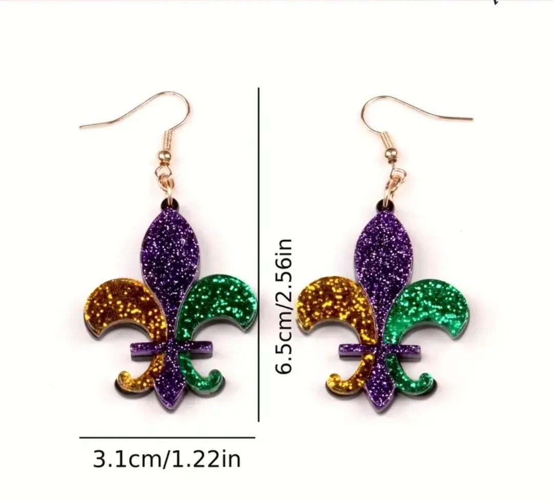 Mardi Gras Fleur De Lis Glitter Dangle Earrings