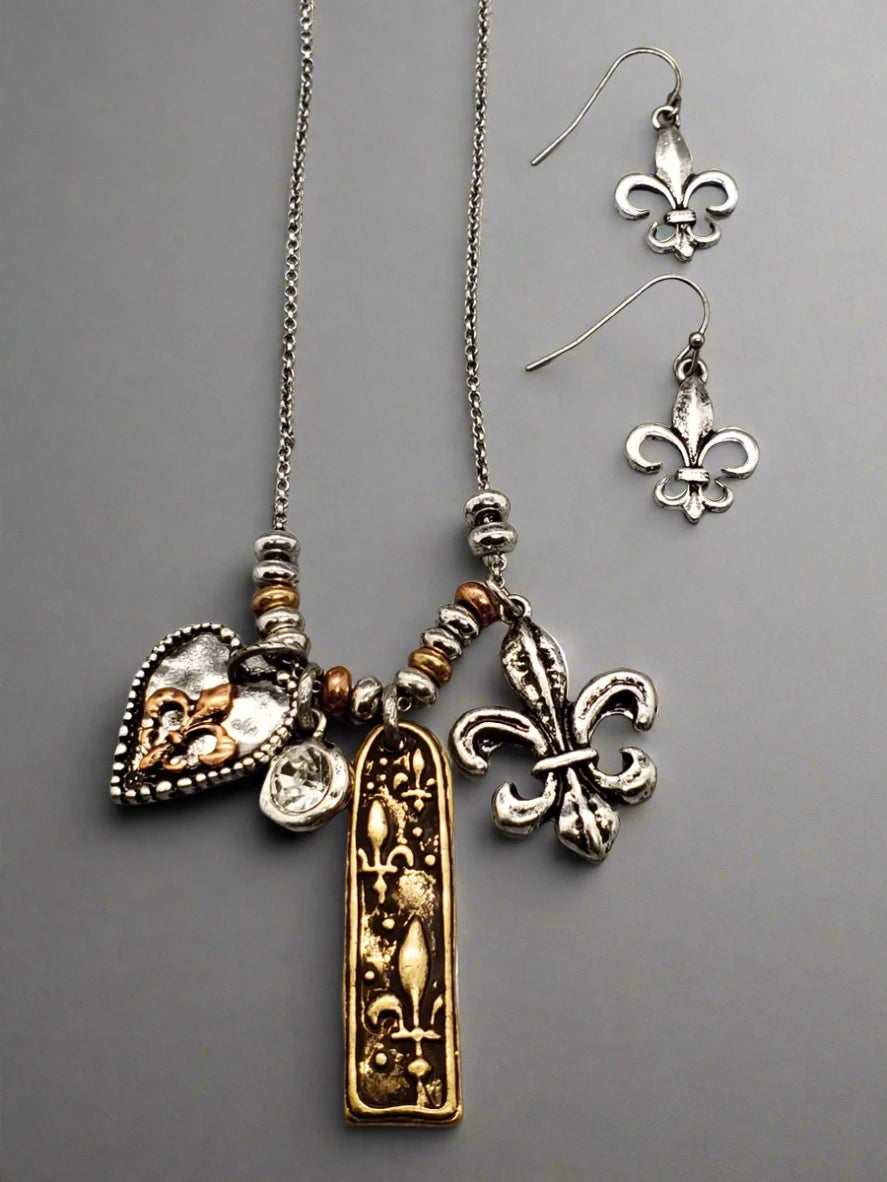 Women's Fleur De Lis "Hanging Love" Multi-Charm Necklace & Earring Set