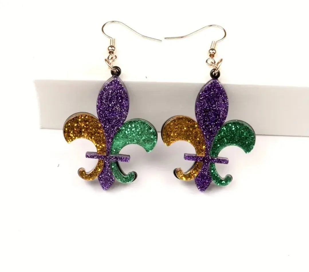 Mardi Gras Fleur De Lis Glitter Dangle Earrings