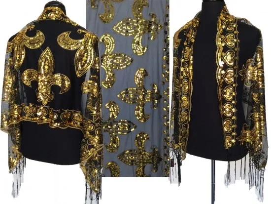 Black Gold Sequin Fleur De Lis Fringe Oblong Shawl