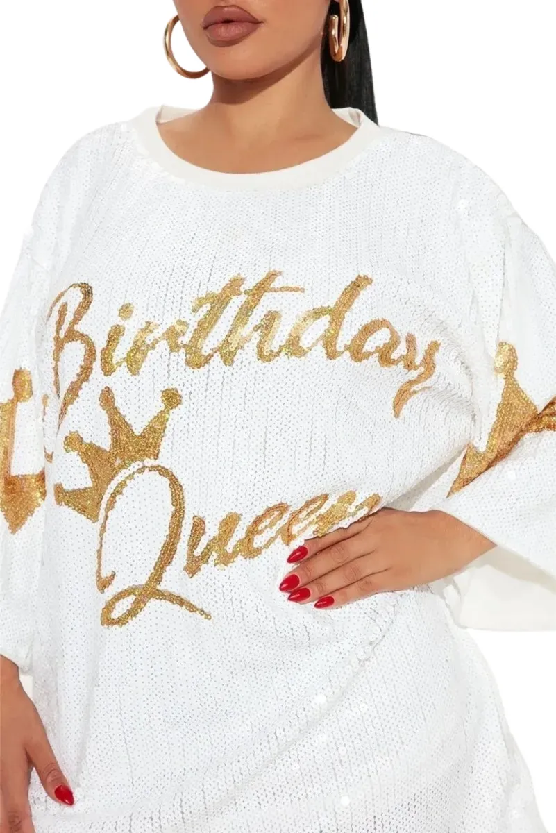 White and Gold "Birthday Queen" Sequin Dress